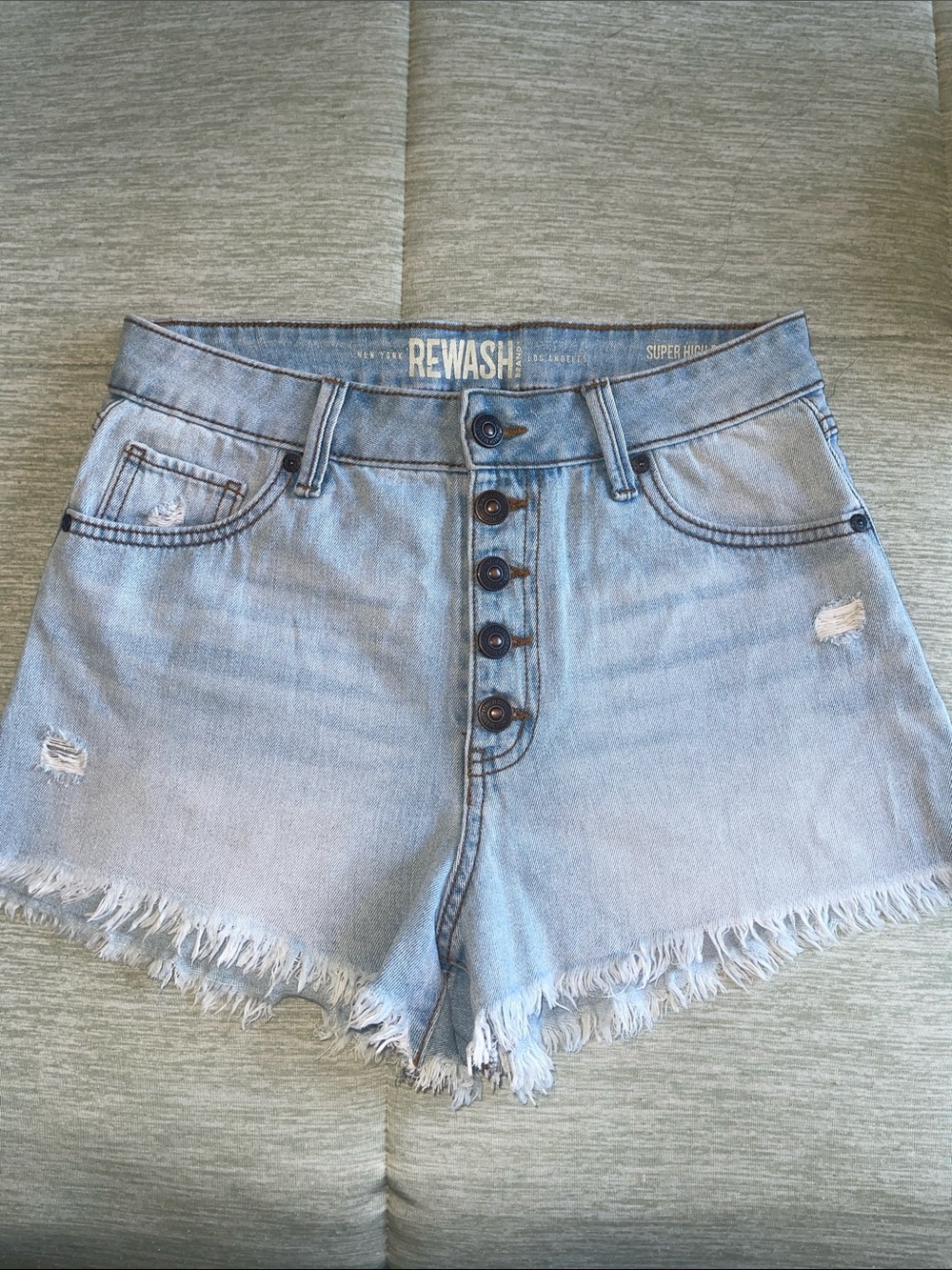 Rewash Light Blue High-Rise Button-Fly Frayed Denim Shorts